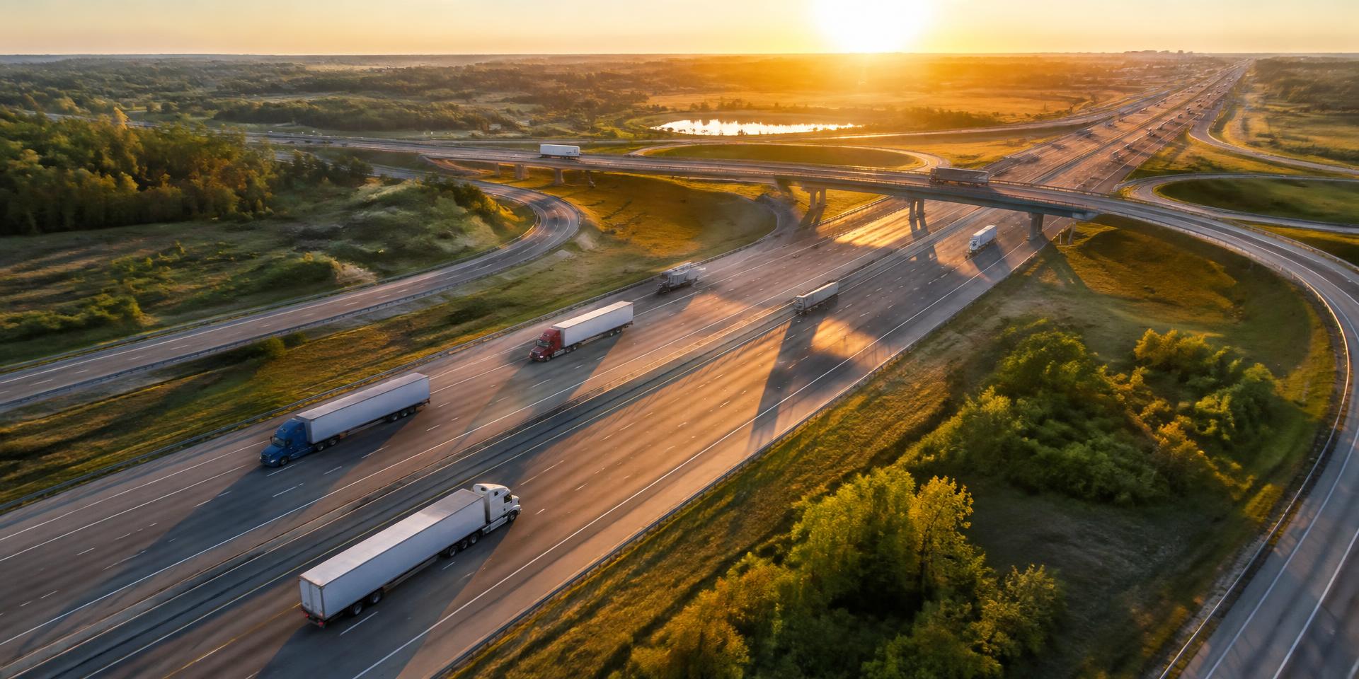 Aerial view of semi trucks on a multi-lane highway interchange at sunrise