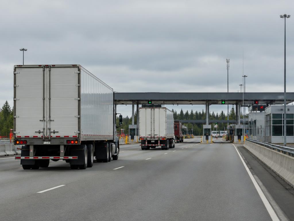Semi trucks approaching a highway border crossing between Canada and the United States