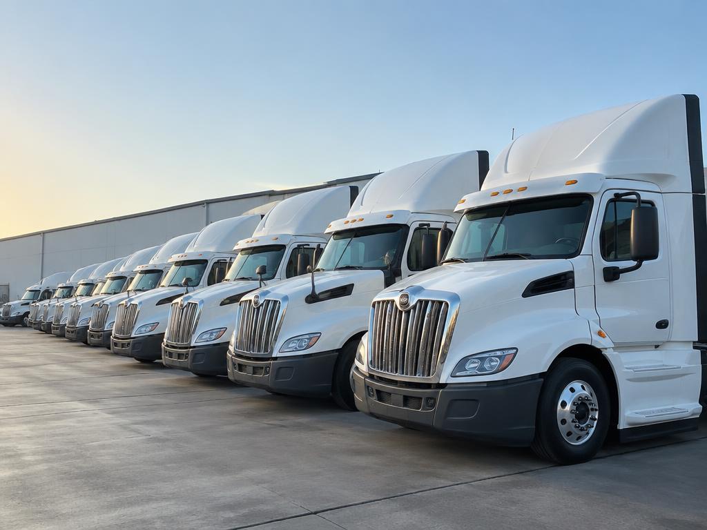 Row of white semi trucks lined up at a logistics terminal in morning light