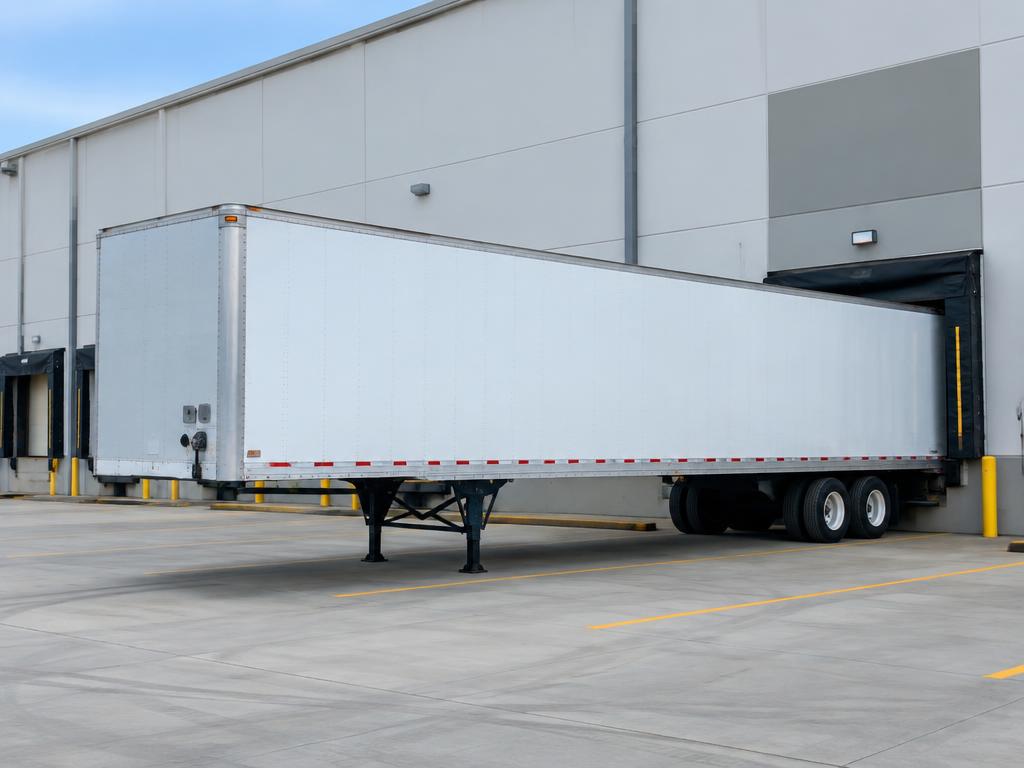 White 53-foot dry van trailer backed into a distribution center loading dock