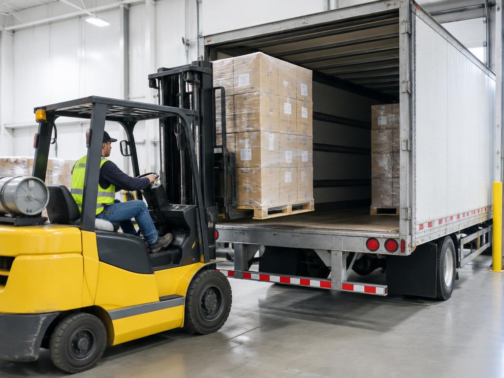 Forklift loading shrink-wrapped pallets into a trailer at a warehouse dock
